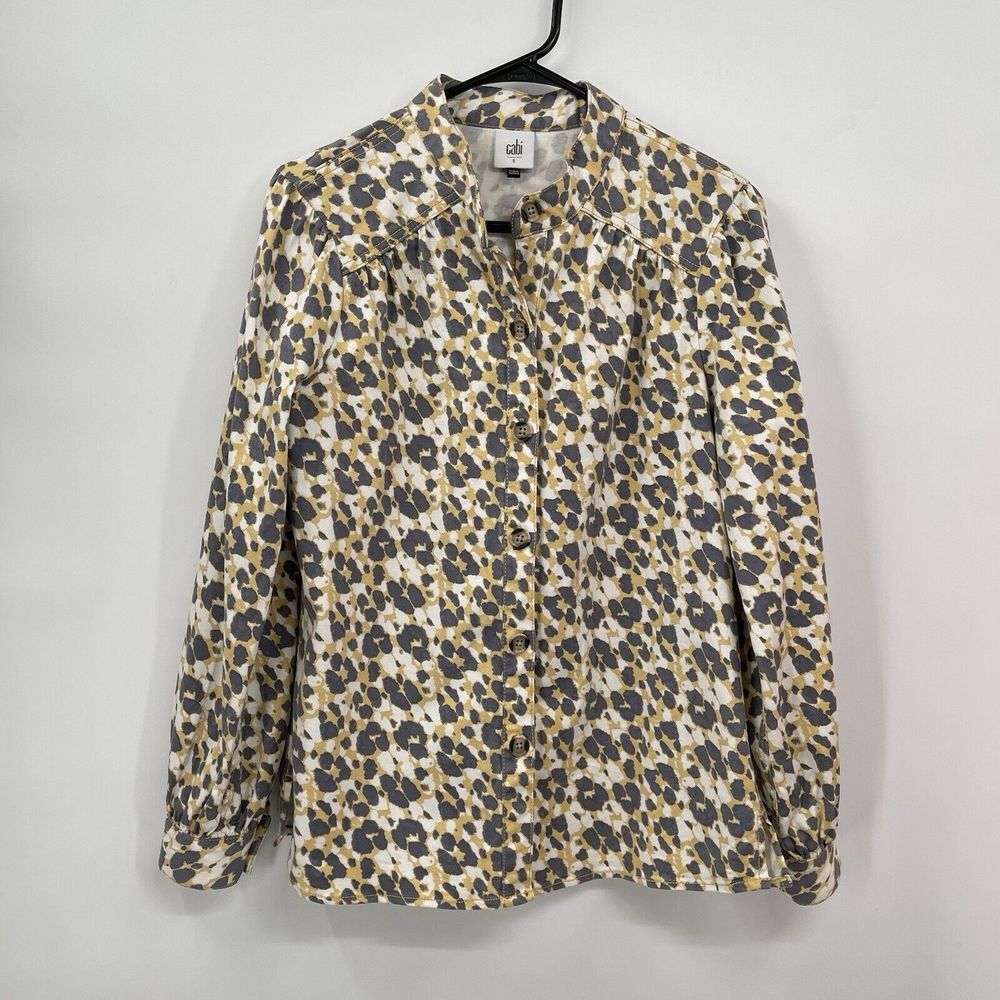 Cabi‎ S Button Down Shirt Womens Grey Yellow Abstract Leopard Print Blouse